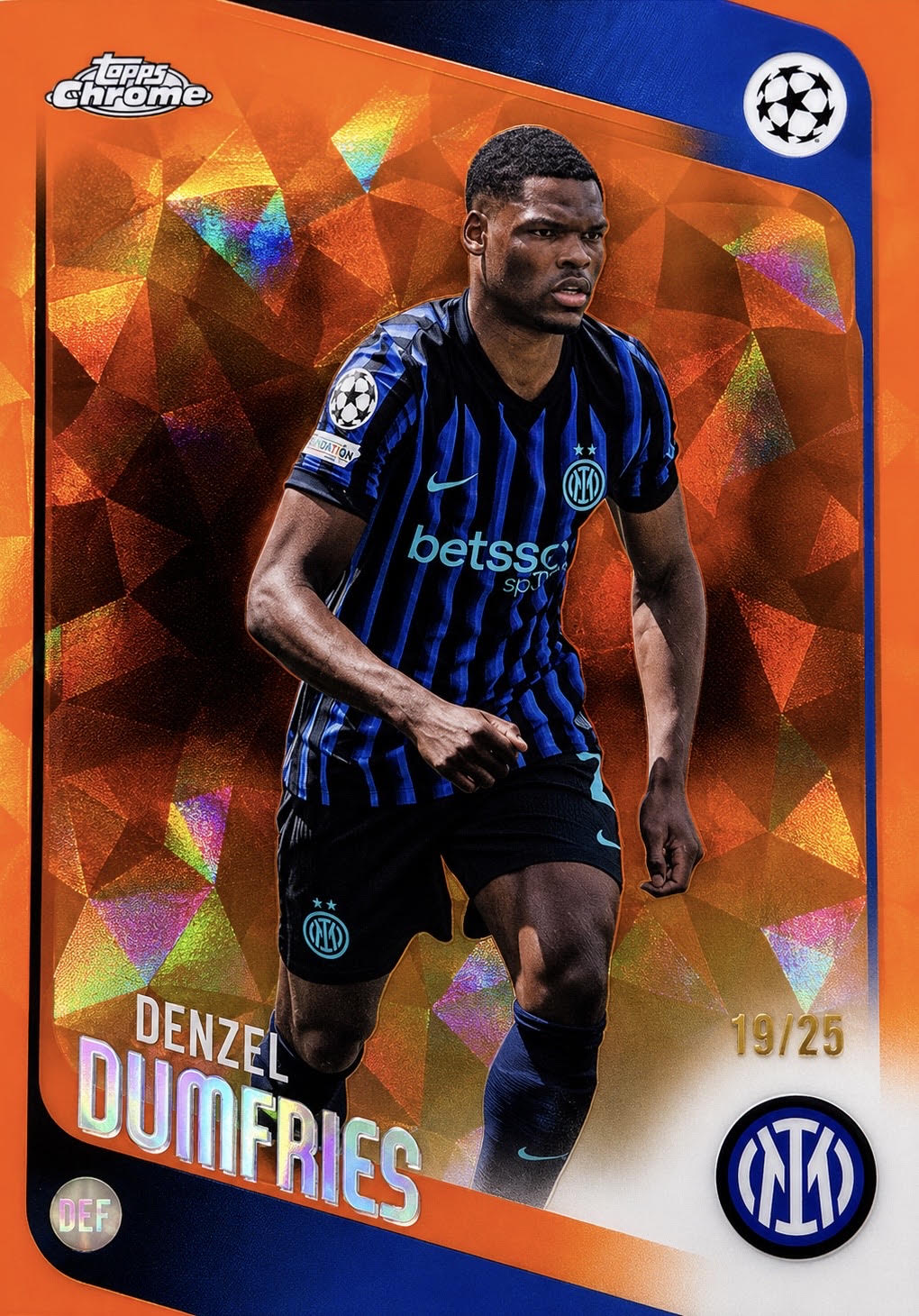 Denzel Dumfries 2025-26Topps Chrome Sapphire UEFA Orange Sapphire /25
